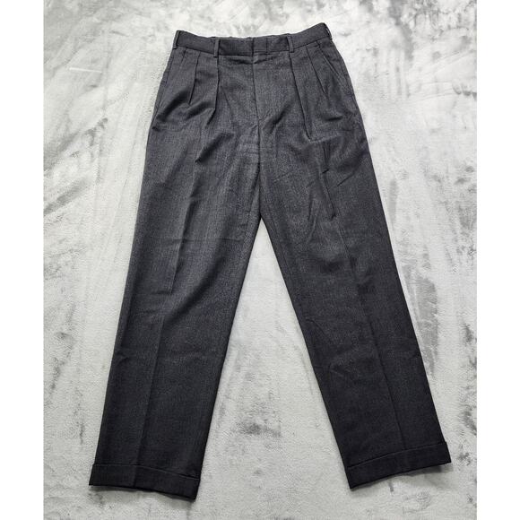 Vintage Lands End Pants Mens 31 L30 Gray Wool Tweed Pleated Cuffed Office Preppy - Picture 1 of 10